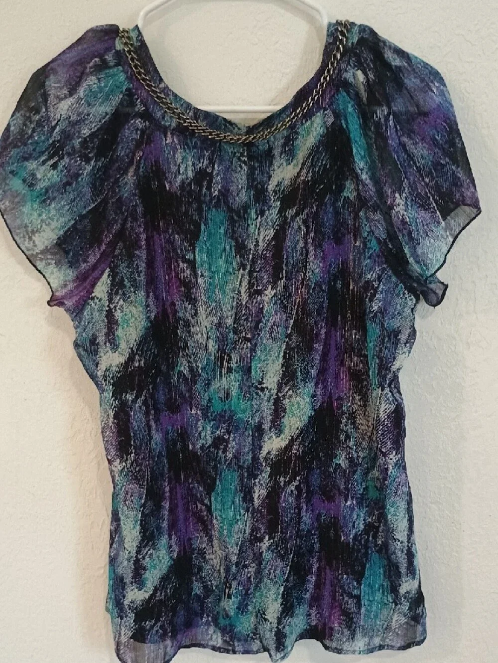 dressbarn Teal & Purple Chain-Trim Flutter Sleeve Blouse - Picture 7 of 9
